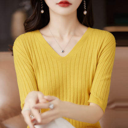 Frauen Pullover Frühling Sommer Kurzarm V-ausschnitt Strick Hemd Casual Koreanische Pullover Streifen Bodenbildung Shirt Slim Fit Jumper