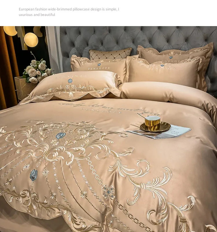 European-Style Bed Sheet Four-Piece Set 100 Cotton High-End Atmospheric Ice Silk Quilt Cover Pure Cotton Bedding.