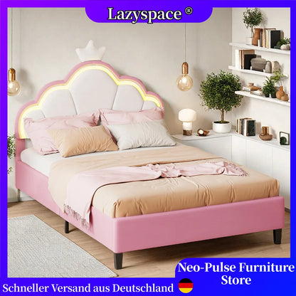 Lazyspace Samt-Polsterbett, LED-Kopfteil in Wolkenform mit dekorativer Krone, rosa Bettrahmen für Mädchen