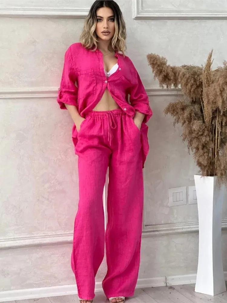 Spring Autumn Two Piece Sets 2024 Women Casual Long Sleeve Pocket Shirts 2 Piece Set Fashion Loose Wide Leg Pants Suit Outfites.
