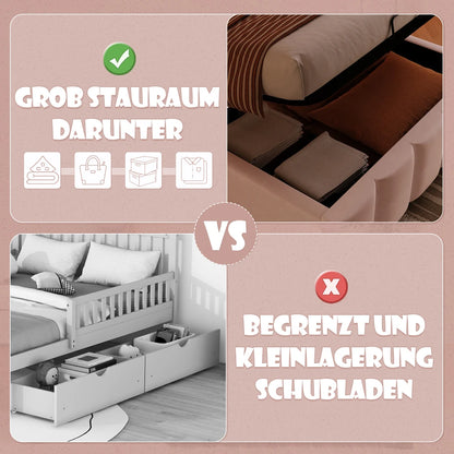 Modernes Polsterbett, 90 x 200 cm, ohne Matratze, LED-Beleuchtung, mit hydraulischem Gerät, verstellbarer Kopfteil, Samt, Grau