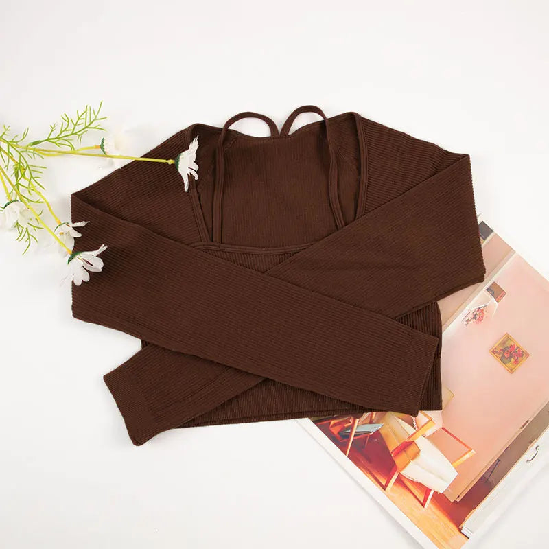 CHRLEISURE Ribbed Seamless Crop Top Women's Long Sleeve Sports Shirt  Elastic Slim Workout Tee Outdoor Yoga Shirts Gym Wear.