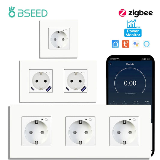 BSEED Einzelne ZigBee-Wandsteckdosen, Energiemonitor, doppelte Smart Meter-Steckdosen, Google Smart Life App, Alexa, Dreifachsteckdosen, EU-Kunststoff.