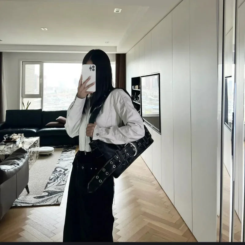 Belt buckle Women Luxury Designer Handbag And Purses PU Rivet Multiple Pockets Y2K Large Capacity Shoulder bags big totes.