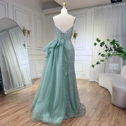 SERENE HILL Maßgeschneiderte 2025, türkisfarbene Spaghettiträger, luxuriöse Perlen-Abendkleider, Meerjungfrau, Schlitz, Überrock, Party, GLA 72378.