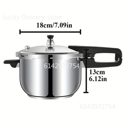 Stainless steel pressure cooker, stove compatible, used for safe cooking, canning, and stewing.