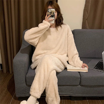 Winter Women Warm Fashion Pajama Sets Sweet   Elegant French Style Girlish Leisure Thicken Flannel Comfort Pajamas