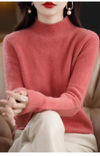 Herbst Winter Frauen Pullover Koreanische Mode Warme Bodenbildung Shirts Halb Hohe Kragen Grundlegende Strickwaren Solide Langarm Pullover