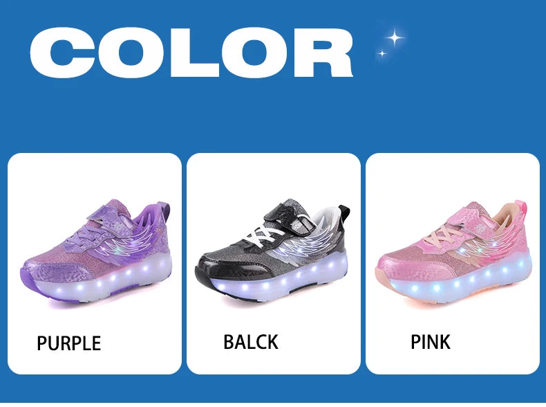 Boys Girls Roller Shoes LED Light Up USB Charging Children Roller Skate Casual Skateboarding Shoes Sports Shoes Kids Sneakers.