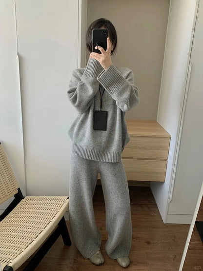 Zweiteiliger Anzug aus 100 % Merinowolle für Damen, O-Kragen-Pullover, Pullover, weites Bein, Hosen-Set, Herbst-Winter, lockere, bequeme Strickwaren
