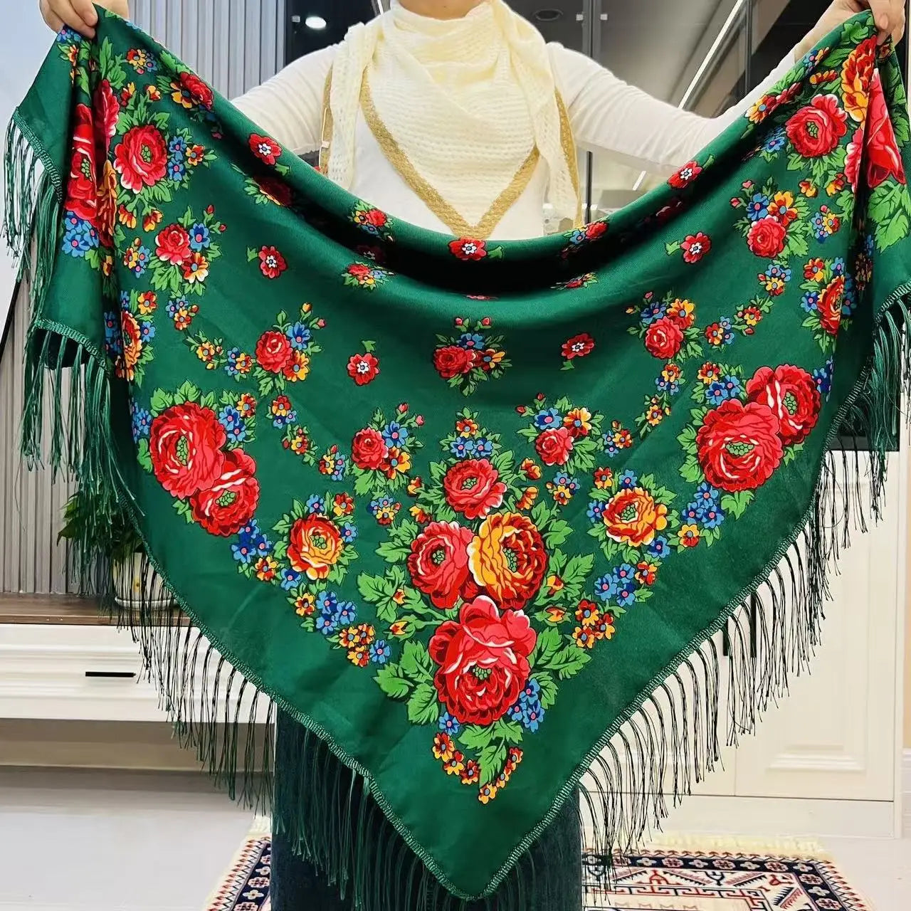 120*120cm Russian National Square Scarf Women Luxury Floral Print Fringed Ukrainian Shawls Scarves Ladies Head Wraps Bandana.