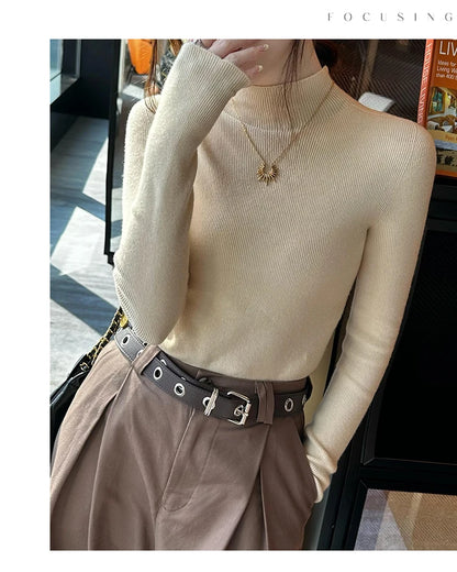 Gestricktes Hemd Frauen Pullover Pullover Bodenbildung Shirts Herbst Winter Weibliche Lange Hülse Mock Neck Elastische Dünne Pullover Stricken Tops.