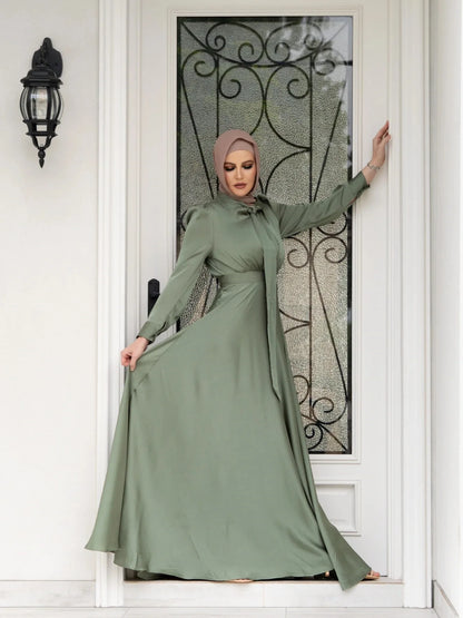 Elegant Satin Dress for Women Muslim Fashion Abaya Hijab Dubai Turkey Evening Dresses Arabic Kaftan Robe Female Islamic Clothing.