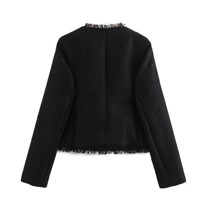 Women's Autumn and Winter Long Sleeve Short Jacket Fashion Solid Colour Front Pocket Button Jacket Elegant Casual Jacket