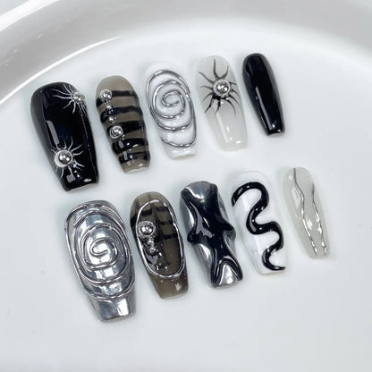 10Pcs Black Handmade Press On Nails Coffin Fake Nails Full Cover Gradient Metal Contrast Artificial Manicure Wearable Nail Tips.