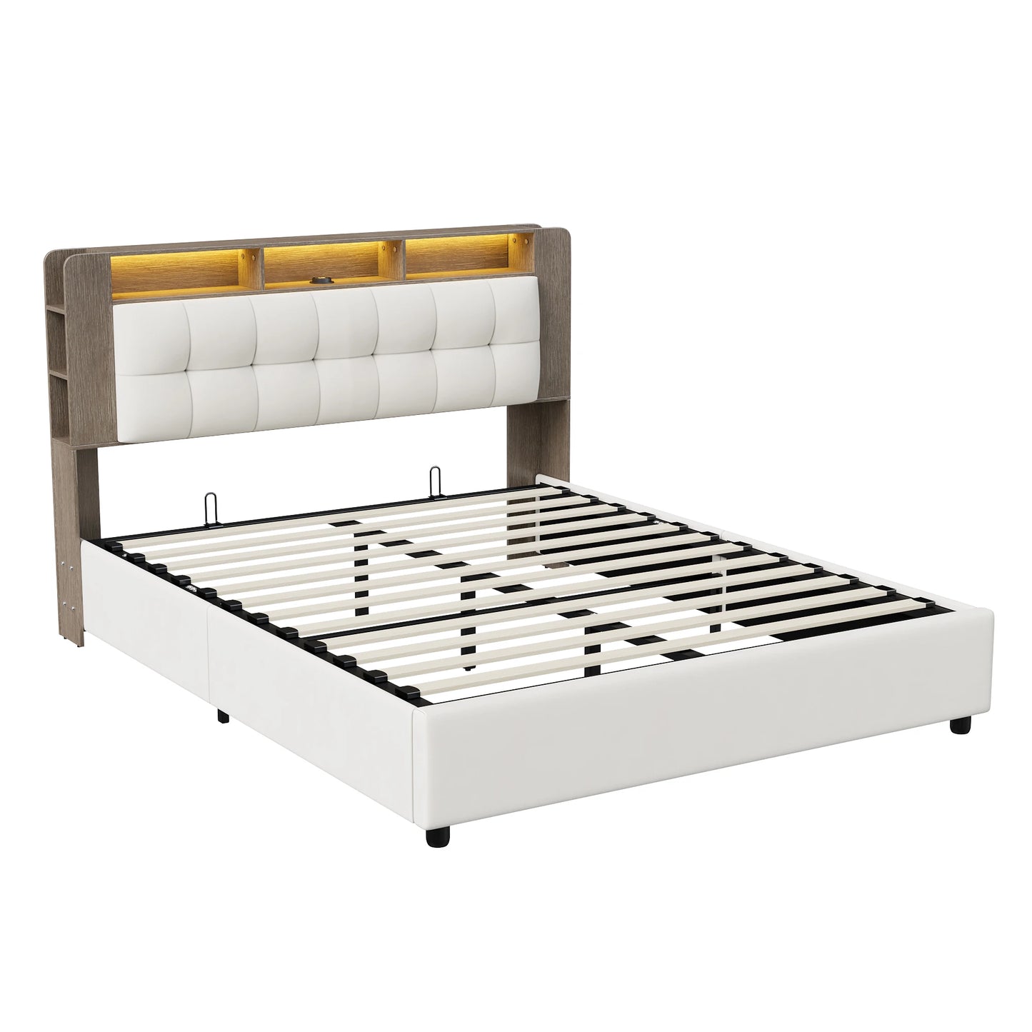 Lazyspace Samt-Rückenlehne, Holzlatten, hydraulisches Bett mit Bettkasten, Einzel- und Doppel-RGB-LED-Polsterbett, Bettrahmen