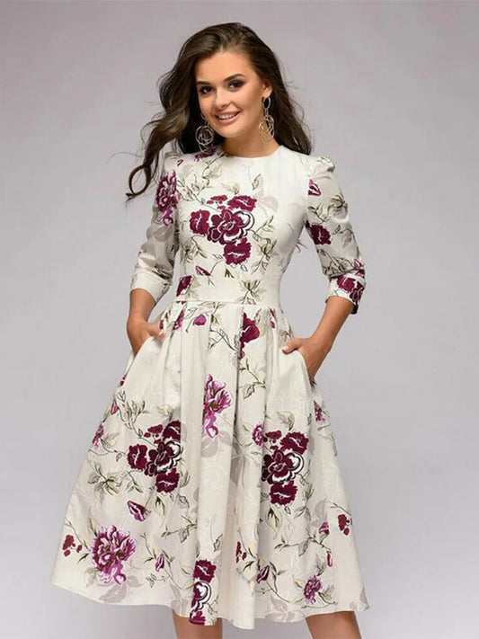 Vintage plissierten tunika druck kleid frauen Elegante damen A linie kleider langarm weibliche herbst mixi party kleid vestidos