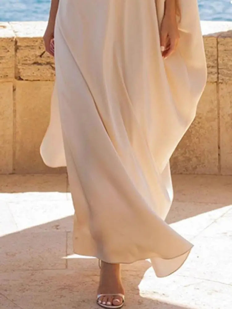 Yeezzi 2025, elegantes One-Shoulder-langes Kleid für Damen, Robe, Fledermausärmel, locker, einfarbig, Urlaub, Strand, Sommerkleid, Maxikleider.
