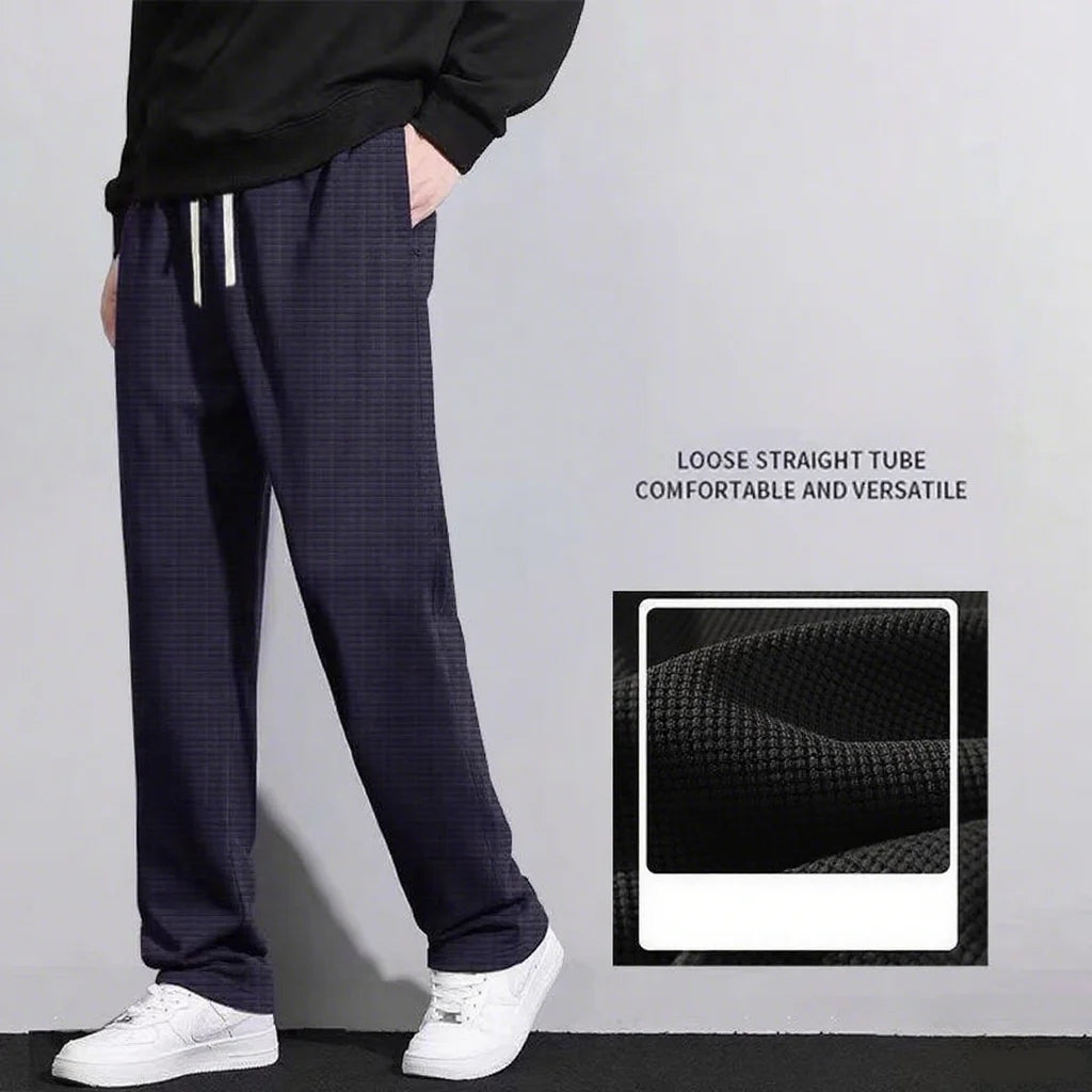 Men's retro knitted Waffle sweatpants, loose straight leg solid color pants with elastic waist and drawstring, suitable for autu.