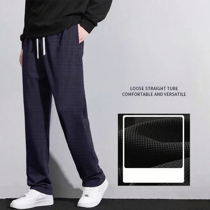 Men's retro knitted Waffle sweatpants, loose straight leg solid color pants with elastic waist and drawstring, suitable for autu.