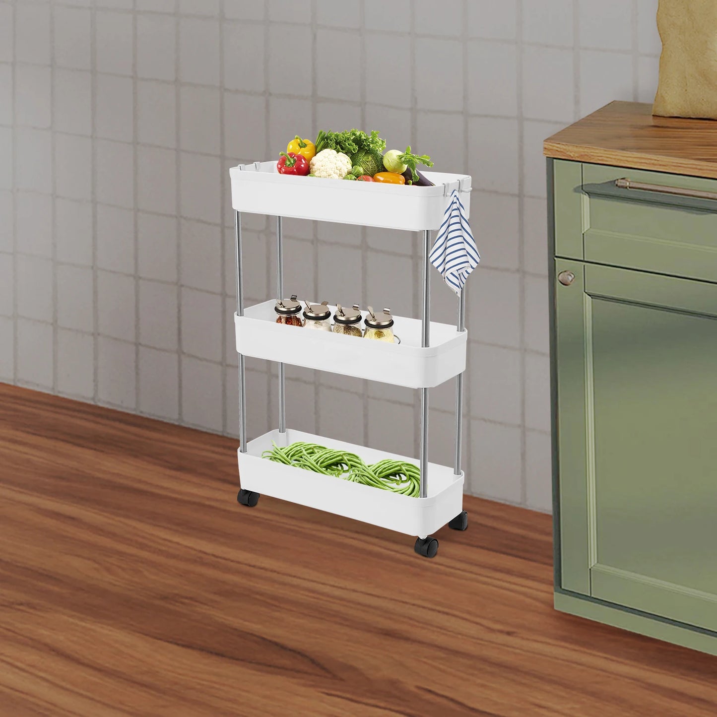 3-lagiges Rollwagen-Regal, bodenstehendes Lagerregal mit 4 Universalrädern, 4 Haken, Küche, Badezimmer, Organizer