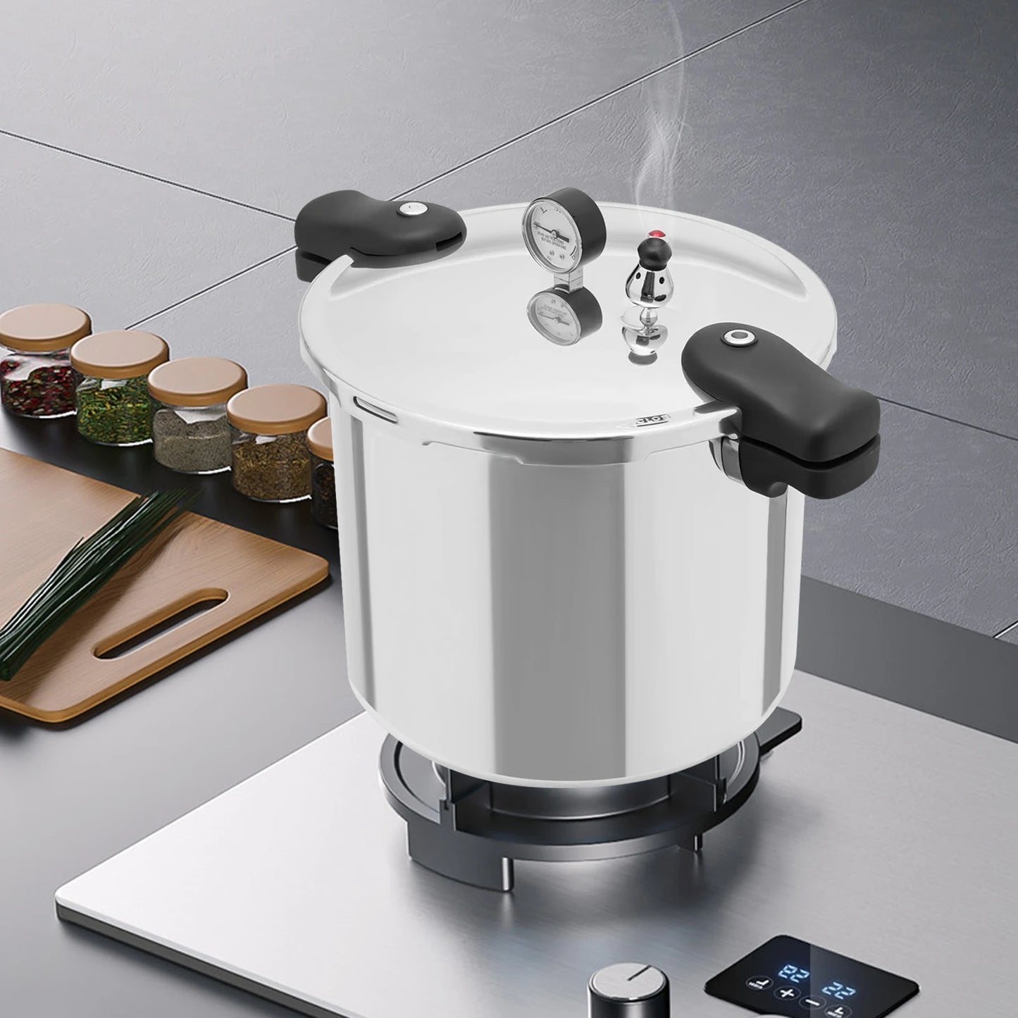 22L Large Capacity Pressure Canned Pot With Pressure Gauge Release Valve, Silver New Model.