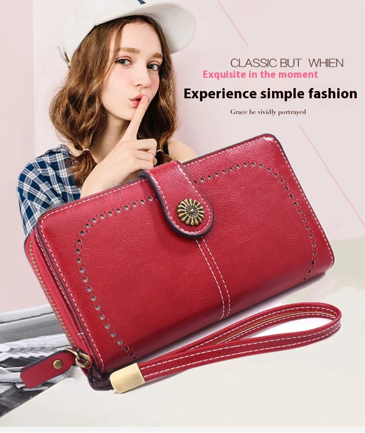 Fashionable new hollow out coin purse for women's oily leather phone bag, long zipper handbag,coin bag Triple fold ladies wallet.