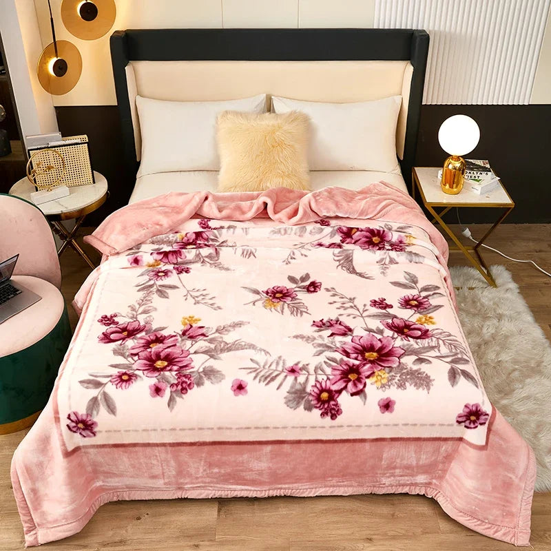 Double Layer Winter Thicken Raschel Plush Weighted Blanket For Bed Warm Heavy Blankets Throw Printed Flowers Fluffy Soft Carpet