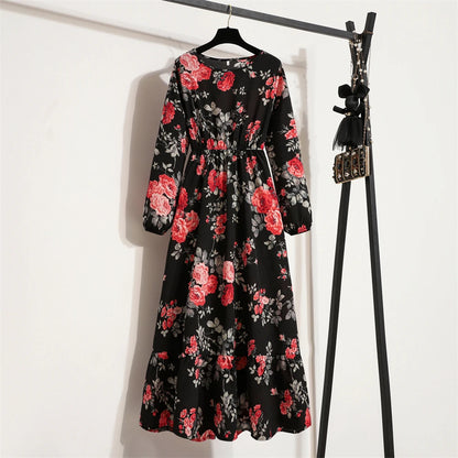 Frühling Sommer Frauen Maxi Kleider Casual Volle Hülse Floral Gedruckt Oansatz Frau Bohe Strand Party Lange Kleid Mujer Vestidos