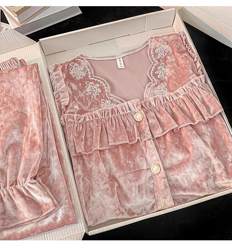 Soft Velvet Pajama Set Women Loose Home Wear Sleeping Velour Autumn Winter New Warm Sleepwear Female Nightie Ins Underwear.