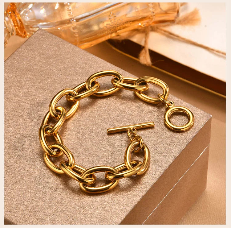 Chunky Bold Toggle Bracelets for Women, Stainless Steel OT Buckle Link Chain Bracelet Gold Plated Tarnish Free.
