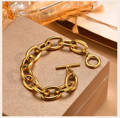 Chunky Bold Toggle Bracelets for Women, Stainless Steel OT Buckle Link Chain Bracelet Gold Plated Tarnish Free.