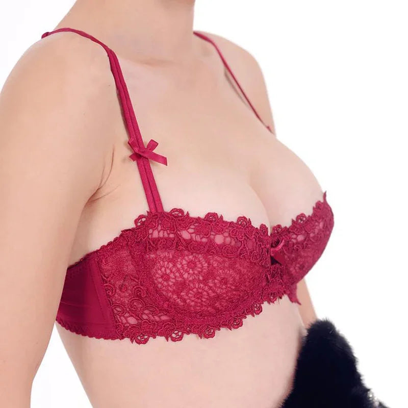 Plus Size Sexy Half Cup Lace Bra Sheer Mesh Unlined Bralette for Women A D Cup, Invisible Push Up Underwire Lingerie Set.