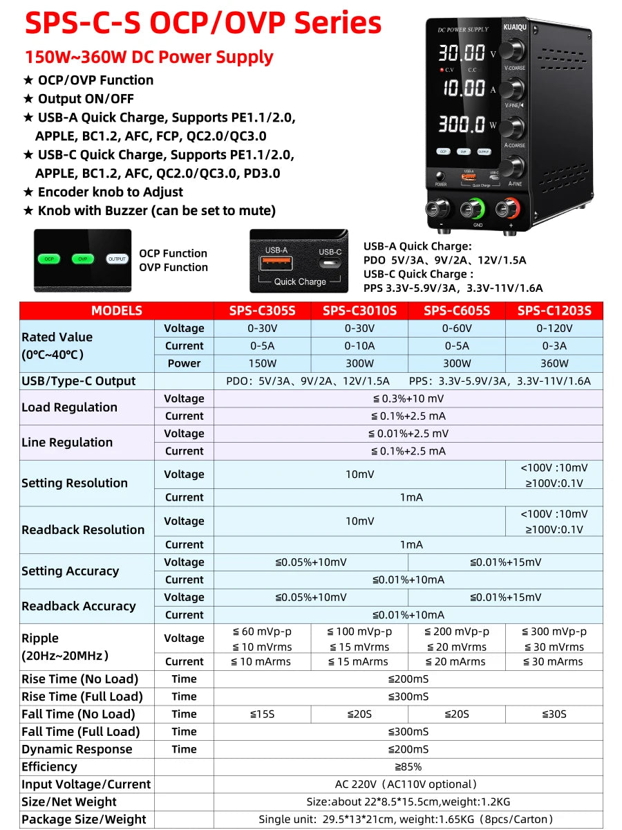 KUAIQU Upgrade Variable Adjustable Switching DC Power Supply 30V 10A Bench Power Supply 60V 5A,OCP OVP OUTPUT Switch, SPS-C3010S.