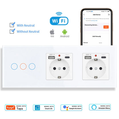 SRAN Smart Switch mit Wandsteckdose 16A EU, Tuya Smart Life Home Touch Sensor WiFi Lichtschalter Weiß