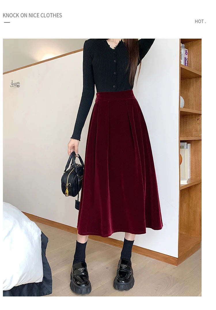 Autumn Winter Warm Vintage Red Elegant Velvet A-line Skirt For Women 2023 High Waist Casual Black Party Pleated Big Swing Skirts.
