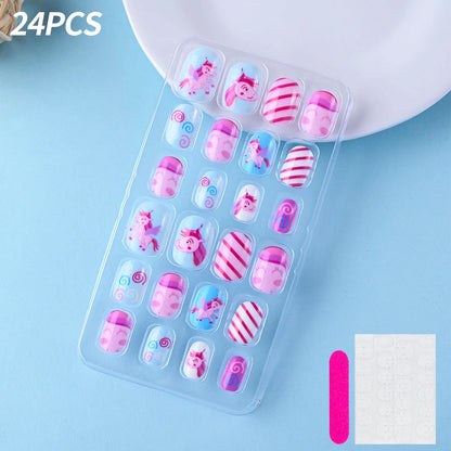 24Pcs/box Kids nails for Girl Cartoon Pattern False Nail Cute Child Fake Nails Tips Kawaii Acrylic Artificial Press on Nail+Tool