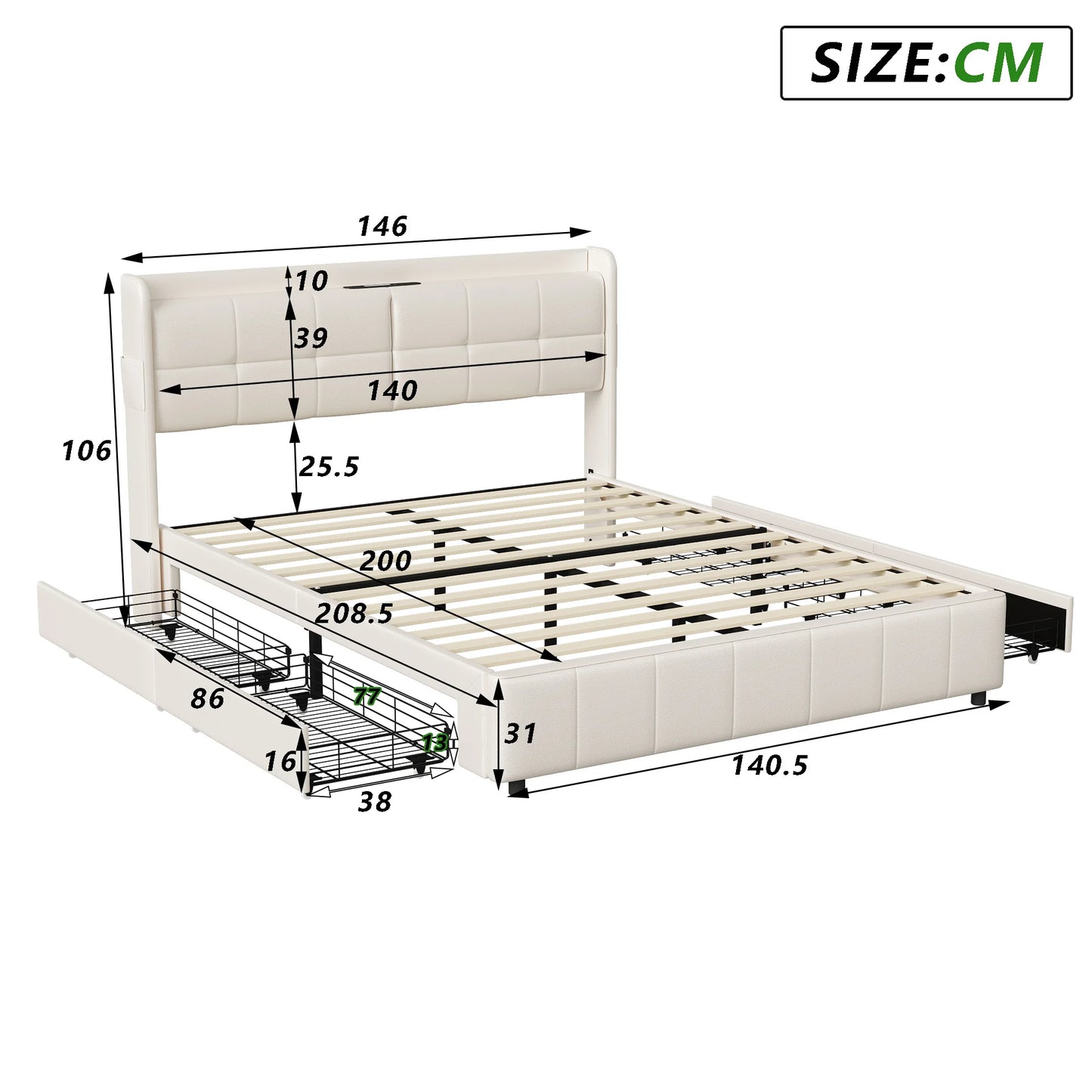 Lazyspace 140 x 200 cm Doppelbett mit 4 Schubladen, weiß gepolstertes Bett, Kopfteil mit Stauraum, USB, PU-Leder, keine Matratze