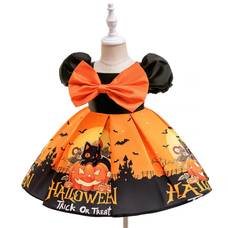 Kleinkind Halloween Kostüm Mädchen Cosplay Hexe Kürbis Skelett Druck Bowknot Kleid Kinder Festival Party Performance Kleidung.