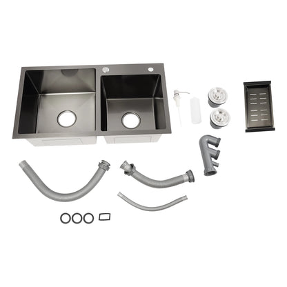 Edelstahlspüle, moderne Küchenspüle, Black Diamond 7843PB, Doppelspüle, Abfluss + Seifenspender zum Reinigen von Geschirr und Gemüse