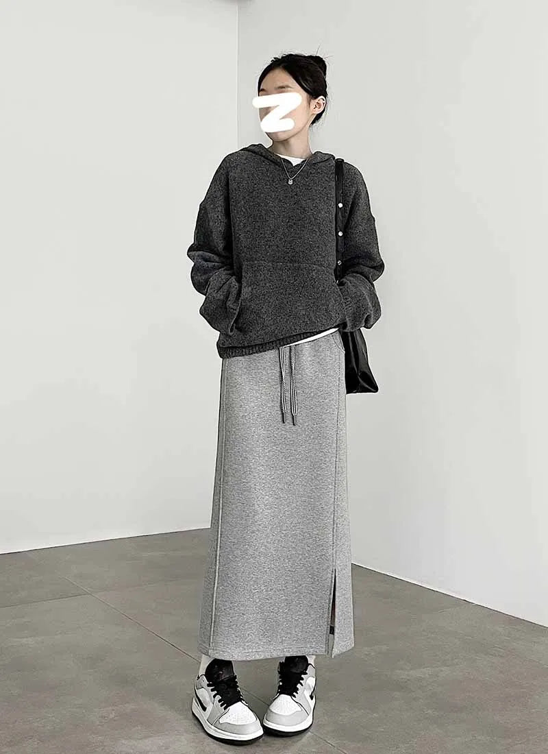 Women's Gray Split Midi Skirts Elasticity Waist Casual Loose Long Skirts Female Autumn Winter Thicken Plus Velvet Straight Skirt.