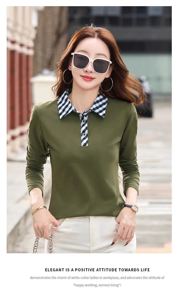 European station lapel long sleeved t-shirt women's new high-end fashion light luxury casual plus size spring and autumn top.