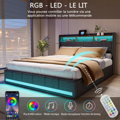 Lazyspace Bettgestell aus Leinen mit Stauraum, gepolstertes Bett mit 4 Schubladen, LED-Licht und USB-Aufladung vom Typ C, Schlafzimmermöbel