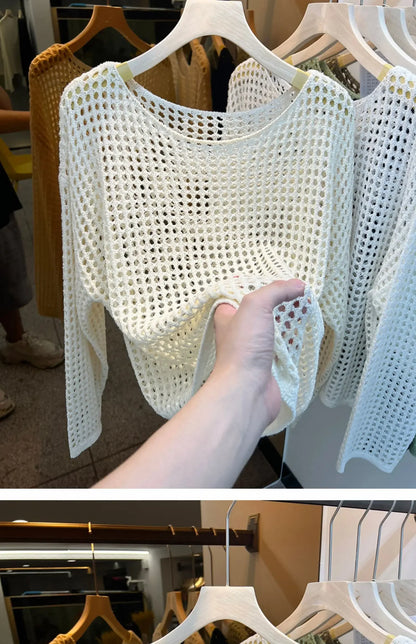 2025 Mesh Vintage Harajuku Langarm Frauen Pullover Koreanische Frühling Sommer Strickwaren Weiche Dünne Tops Chic Solide Femme Pullover.