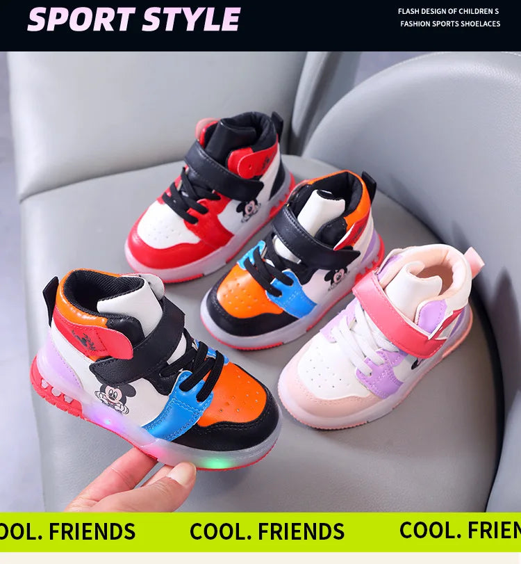 Disney Children's Sneaker Cute Minnie Mickey Cartoon Led Lighted Shoes for Kids Boys Girls Luminous Shoes Toddler Flash Lights.