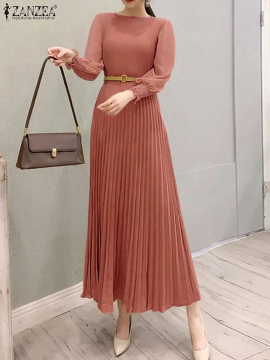 ZANZEA Elegantes Damen-Plisseekleid, edel, gesmokte Bündchen, langärmelig, O-Ausschnitt, Fit und Flare, lang, Vestidos, Pendeln, solide Party-Roben