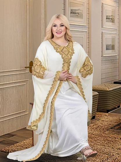 Partykleider für Frauen, Abaya, muslimischer Kaftan, 2-teiliges Set, Eid-Flare-Ärmel, Robe, bestickt, goldene Spitzenkleid, Anzug, Jalabiya Ramadan.