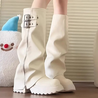 Punk Style Splicing Thick Bottom Women Knee-High Boots Fashion Zipper Female Pleated Knight Long Booties Shoes