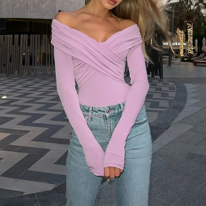 Chic Sexy Criss-cross Pleated Slash Neck Slim Fit Solid Color Basic 2024 Sexy Hot Female Long-sleeves High Waisted Bodysuit Tops.