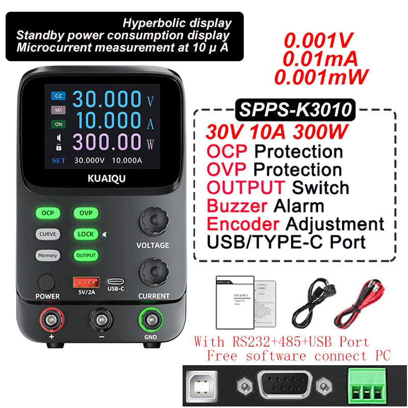 KUAIQU 5 Digits Programmable Adjustable Power Supply 30V 10A,Battery Simulation Tester,Real time Curve Display Voltage Current